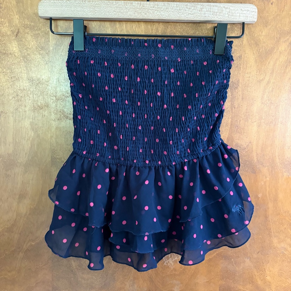 Vintage Abercrombie & Fitch Y2K Blue Polka Dot Strapless Babydoll Top Smocked